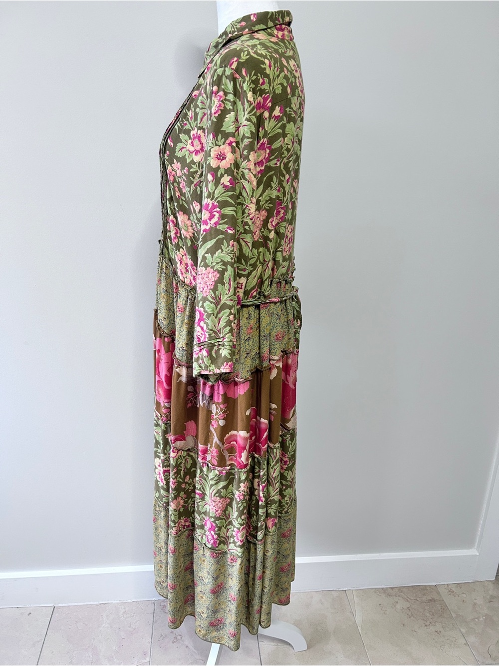 April Cornell Women’s XL Olive Pink Floral Tiered Patchwork Pintuck Maxi Dress - Picture 7 of 14